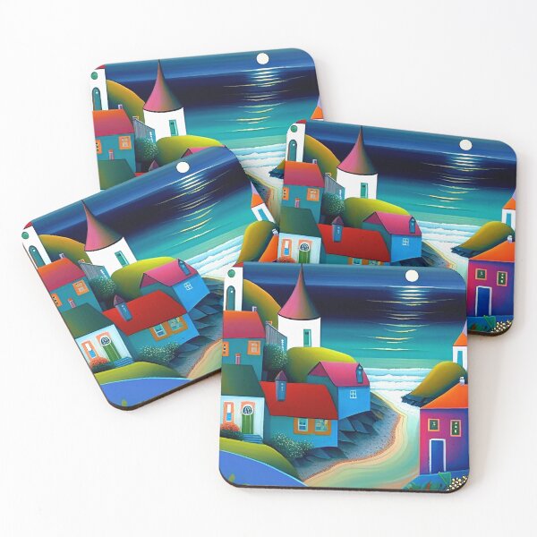 Item preview, Pretty little coastal village painting, little village art designed and sold by Orianah.