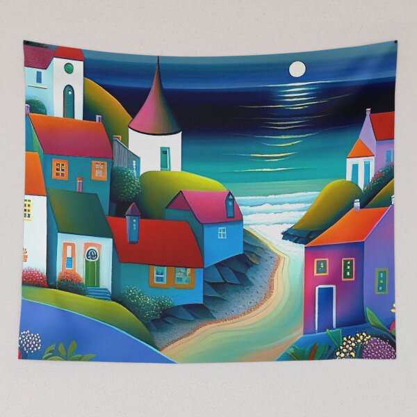 Item preview, Pretty little coastal village painting, little village art designed and sold by Orianah.