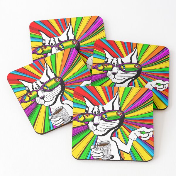 Item preview, Gato sosteniendo una taza de café en colores psicodélicos designed and sold by Monkonthehill.