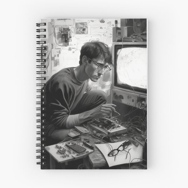 Item preview, Engineer tinkers with old technology Artwork black and white designed and sold by FRSquare.