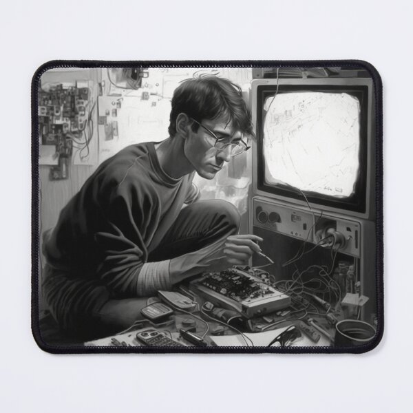 Item preview, Engineer tinkers with old technology Artwork black and white designed and sold by FRSquare.