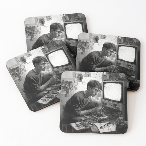 Item preview, Engineer tinkers with old technology Artwork black and white designed and sold by FRSquare.