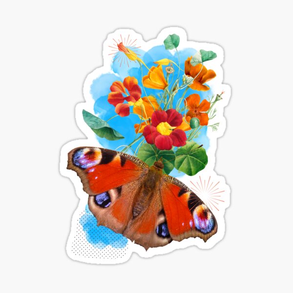 Peacock butterfly with vintage flowers Sticker