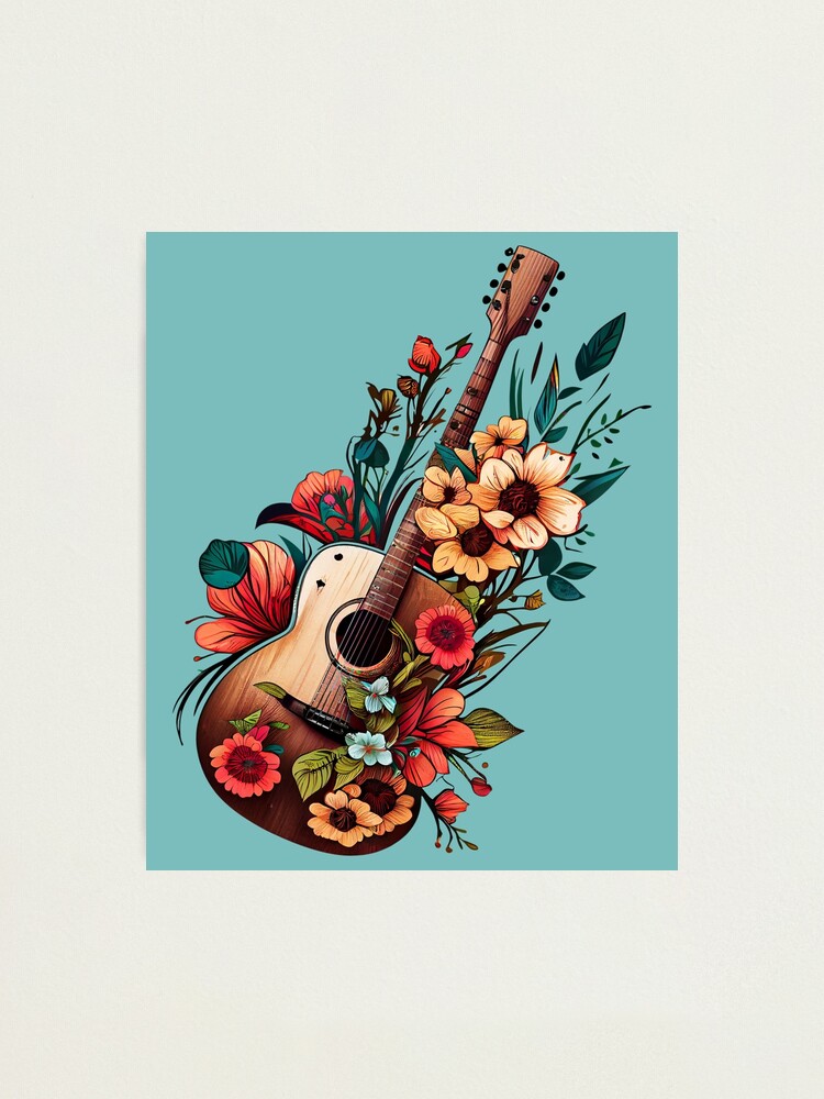 Acoustic guitar with vintage flowers retro 60s 70s hippie