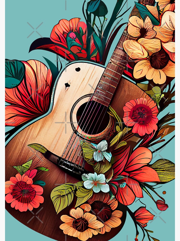Acoustic guitar with vintage flowers retro 60s 70s hippie