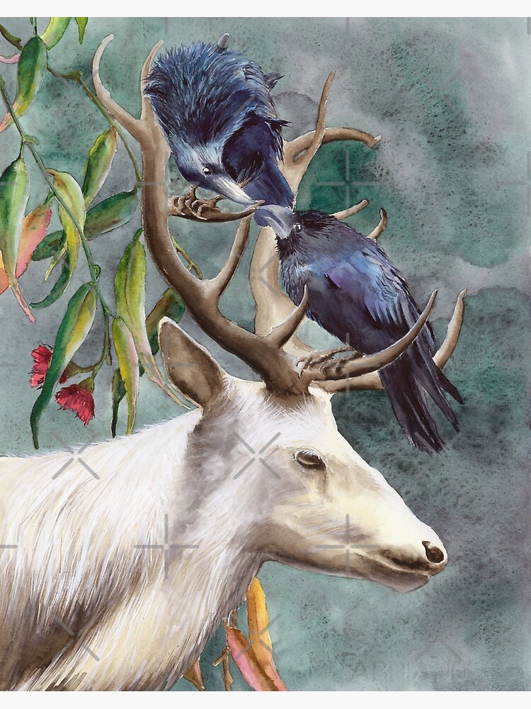 Watercolor deer with two ravens Art Board Print for Sale by