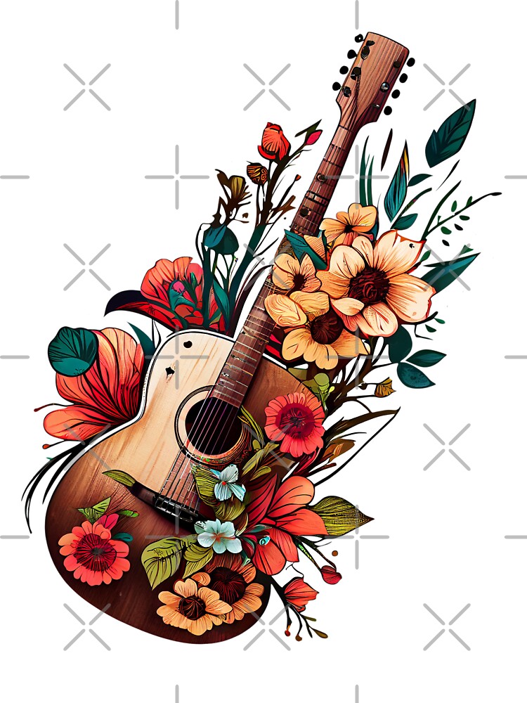 Acoustic ornate folk girly guitar with flowers, doodle funky flat vector  art on white background, groovy hippie or country festival clipart  illustration. Editable isolated details. Unique music print Stock Vector