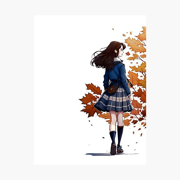 Item preview, Colegiala caminando en otoño - Hojas de arce - Arte de dibujos animados de anime - Gilmore designed and sold by Fenay Designs.