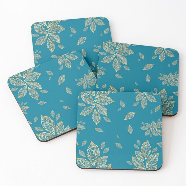Item preview, Elegant floral print with leaves in golden tones and bluish green background boho style designed and sold by Martapp.