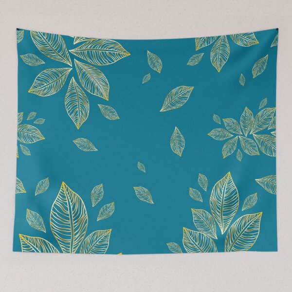 Item preview, Elegant floral print with leaves in golden tones and bluish green background boho style designed and sold by Martapp.