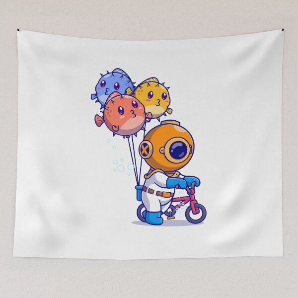 Item preview, Cute diver riding bike with puffer fish balloon in ocean cartoon vector icon illustration designed and sold by designsmaster99.