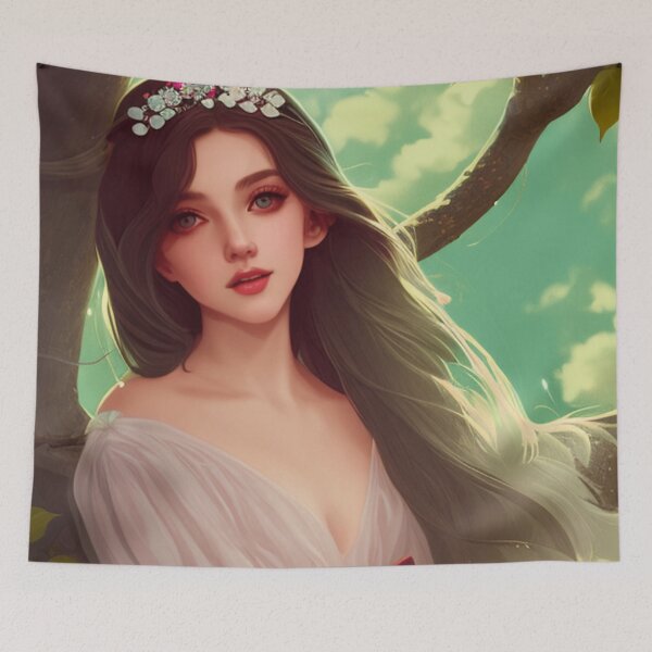 Item preview, Young woman with brown hair and flowers hair band designed and sold by Girly-Universe.