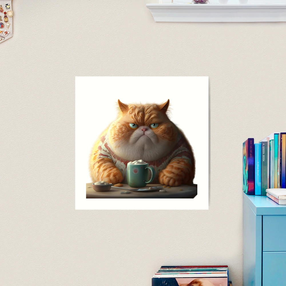Fat cat drinking a cup of coffee  Art Print for Sale by