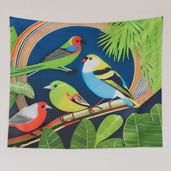 Item preview, Pretty Tropical Birds in the Trees - Digital Drawing of colorful birds in a tropical jungle designed and sold by SeaStories88.