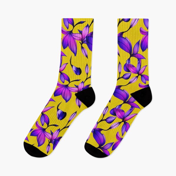 Item preview, Purple lillies on yellow background, vivid, bright designed and sold by YeKnot.