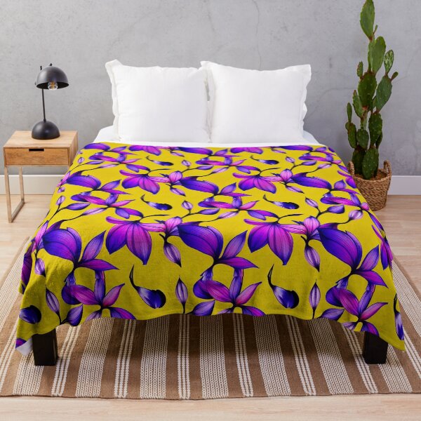 Item preview, Purple lillies on yellow background, vivid, bright designed and sold by YeKnot.