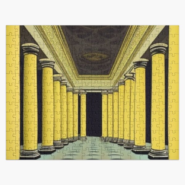 Ballroom with columns of some kind of yellowish shiny stone. This hall is completely empty, and only Negroes with silver bandages on their heads stand motionless near the columns. Jigsaw Puzzle