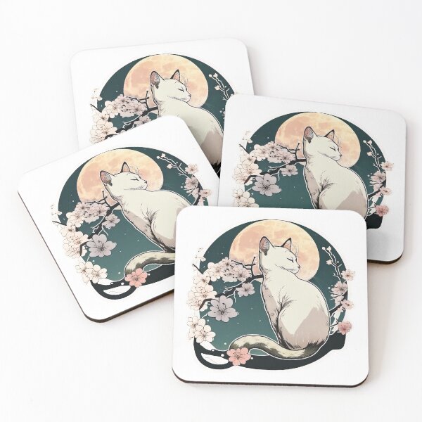 Item preview, White Cat on a Sakura tree, and moon behind designed and sold by oudib.
