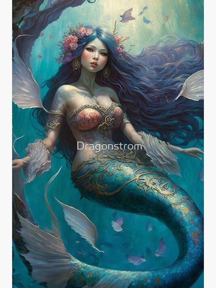 Fotodruck for Sale mit Atemberaubende verzierte asiatische Meerjungfrau  (alias Siren, Neried) von Dragonstrom