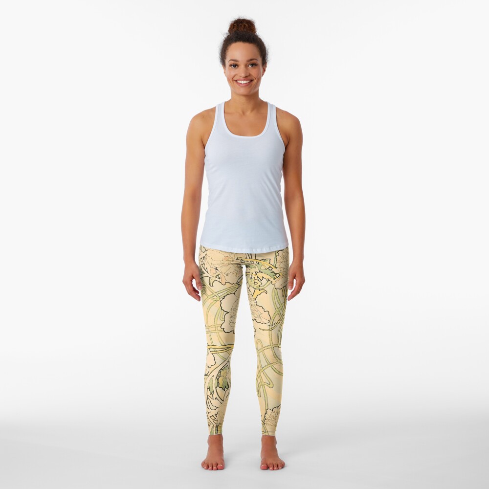 'Peonies' by Alphonse Mucha (Reproduction) Leggings