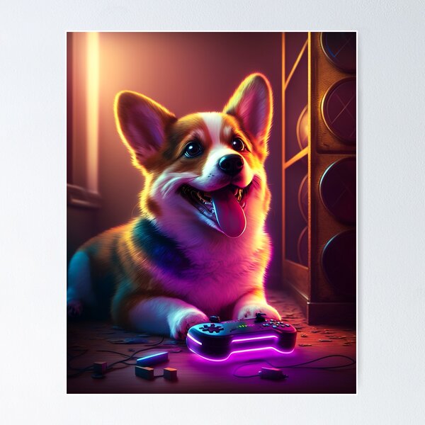 Cute Corgi Gaming' Poster, picture, metal print, paint by Michael I. Organ