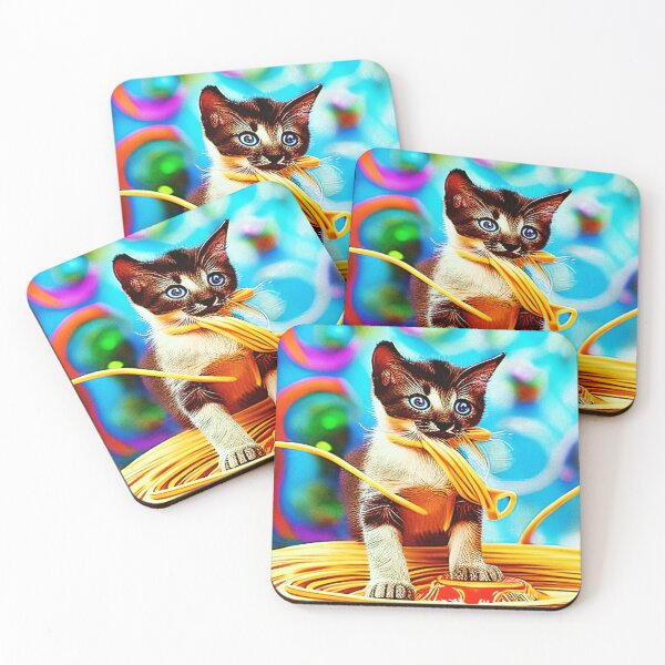 Item preview, *FUNNY PAINTING ILLUSTRATION OF A SIAMESE KITTEN EATING SPAGHETTI IN A SPAGHETTI FESTIVAL AND CARNIVAL ATMOSPHERE* designed and sold by Ralek.