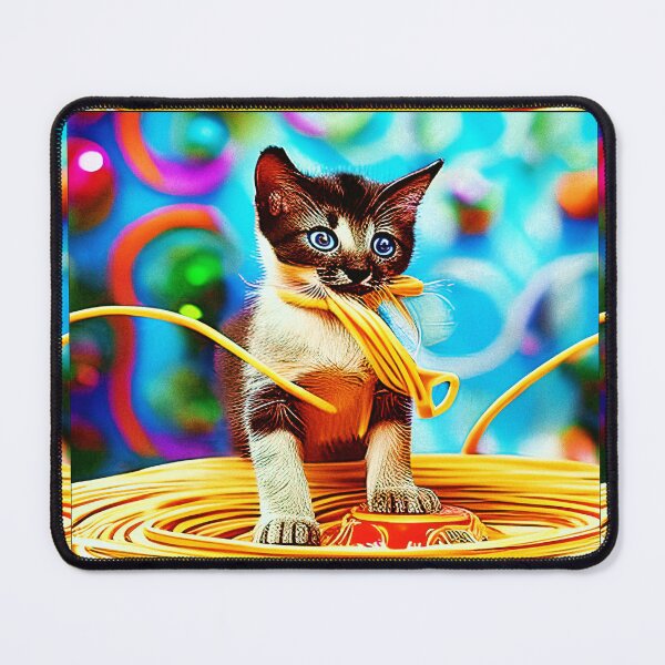 Item preview, *FUNNY PAINTING ILLUSTRATION OF A SIAMESE KITTEN EATING SPAGHETTI IN A SPAGHETTI FESTIVAL AND CARNIVAL ATMOSPHERE* designed and sold by Ralek.