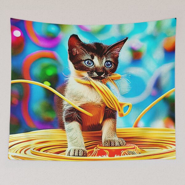 Item preview, *FUNNY PAINTING ILLUSTRATION OF A SIAMESE KITTEN EATING SPAGHETTI IN A SPAGHETTI FESTIVAL AND CARNIVAL ATMOSPHERE* designed and sold by Ralek.