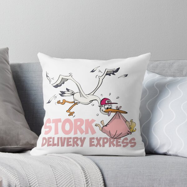 The stork express - baby girl delivery. Throw Pillow
