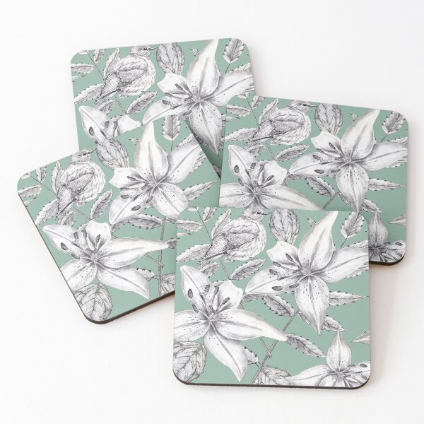 Item preview, Birds & Lillies Graphite on Green pattern designed and sold by BirdsNatureArt.