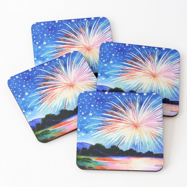 Item preview, Vibrant Fireworks Over a Lake in Watercolor designed and sold by SquishStitches.