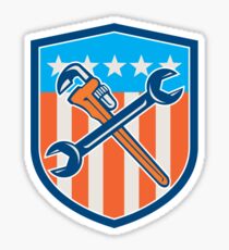 Spanner Monkey Wrench Crossed USA Flag Shield Sticker