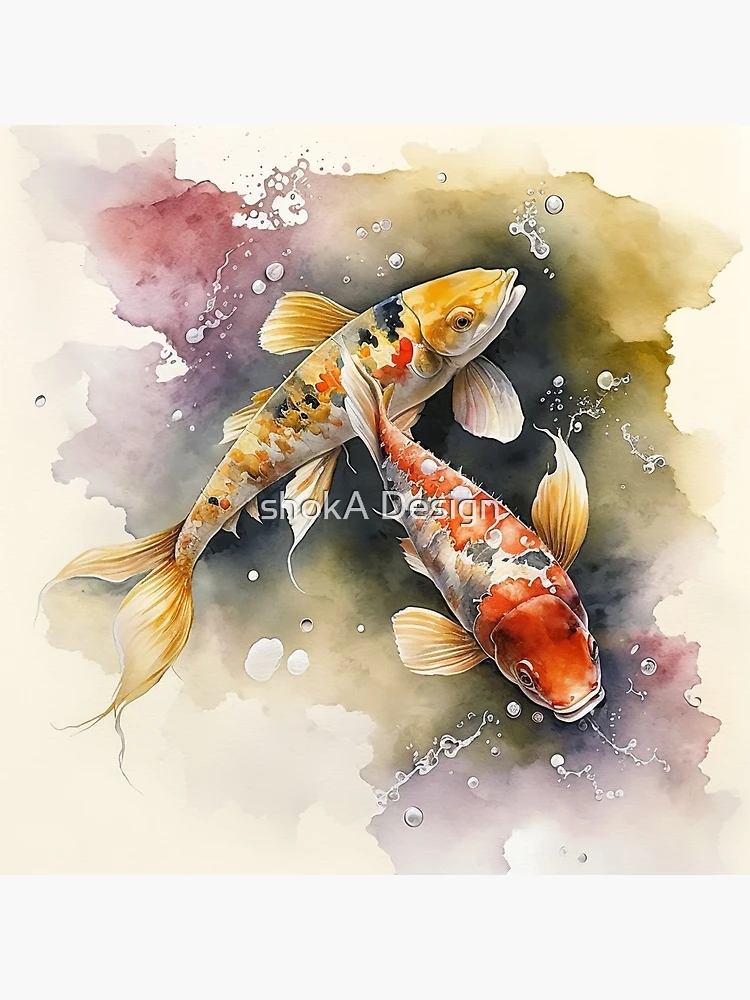 Koi fish drawing illustration painting oriental pond japan Japanese wall  art home decor colorful water lily