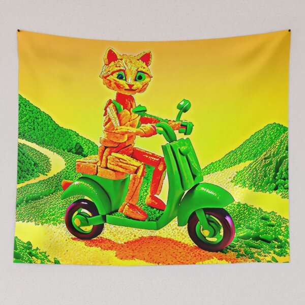 Item preview, *FUNNY COMIC BOOK ILLUSTRATION OF A CAT EATING SPAGHETTI BY RIDING SCOOTER* designed and sold by Ralek.