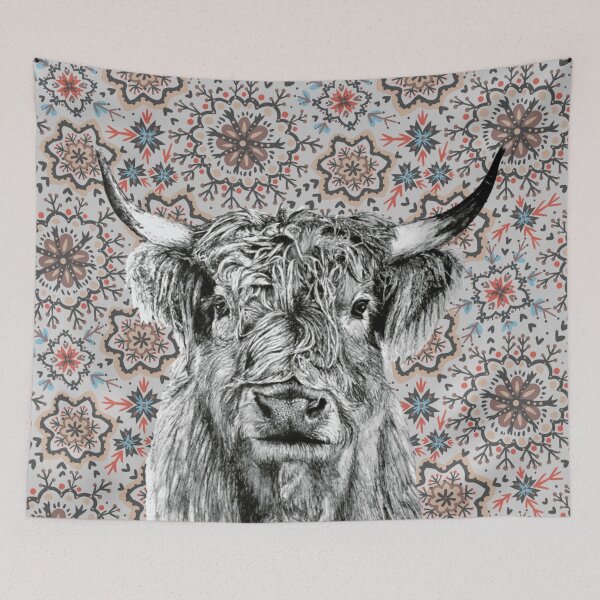 Item preview, Beautiful Bertha on a boho background - Floral cow flower aesthetic, cool cow farmyard animal designed and sold by Flowerartlovers.