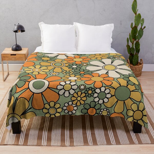 Item preview, Retro Garden Flowers Groovy 60s 70s Floral Pattern Green Orange Mustard Black designed and sold by kierkegaard.