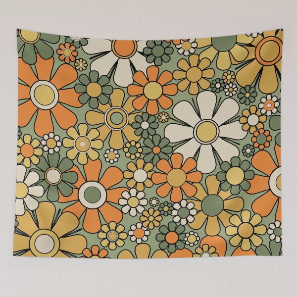 Item preview, Retro Garden Flowers Groovy 60s 70s Floral Pattern Green Orange Mustard Black designed and sold by kierkegaard.