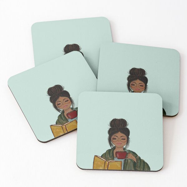 Item preview, Cozy Fall Girl with Book and Coffee Dark Skin Black Hair designed and sold by Daisy Ring Art.