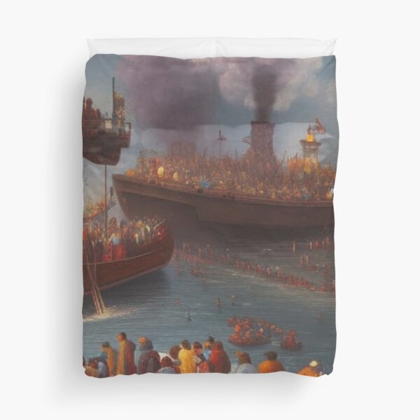The painting depicts a barge filled with people who are heading down a river Duvet Cover