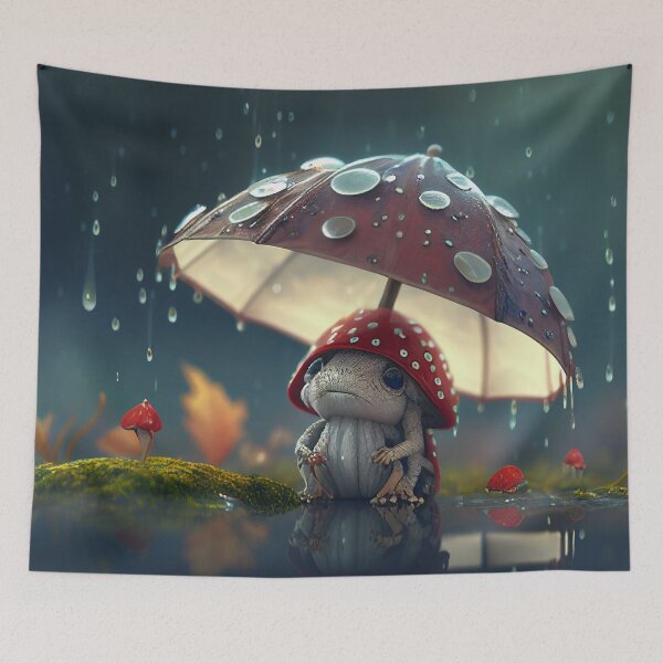 Item preview, Little Toadstool Creature Sheltering from the Rain with a Red Amanita Mushroom Umbrella designed and sold by Vicki Noble Art.