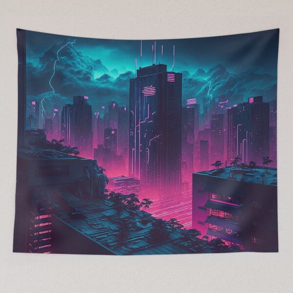 Item preview, Violet Vapor - Cyberpunk Cityscape Skyline designed and sold by ArkMinted.