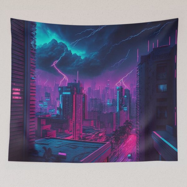Item preview, Violet Storm - Cyberpunk Cityscape Skyline designed and sold by ArkMinted.
