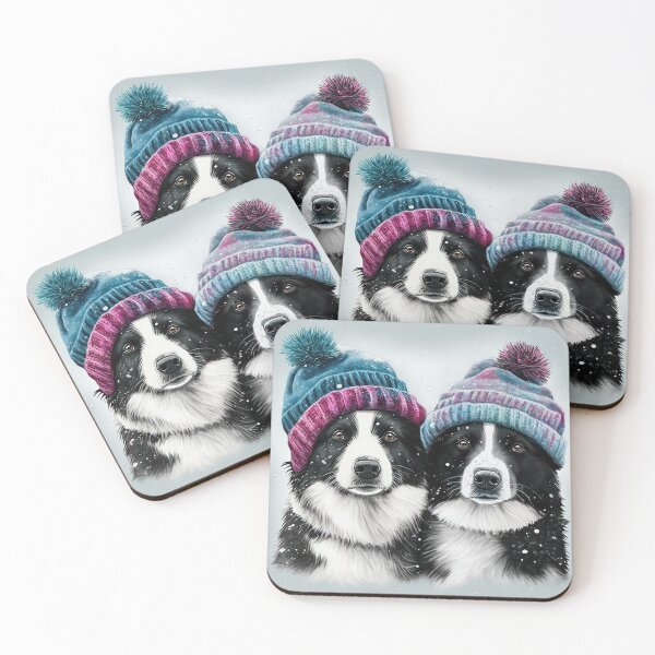 Item preview, Happy Border Collie Friends in the Snow with their winter hats on. designed and sold by newnomads-art.