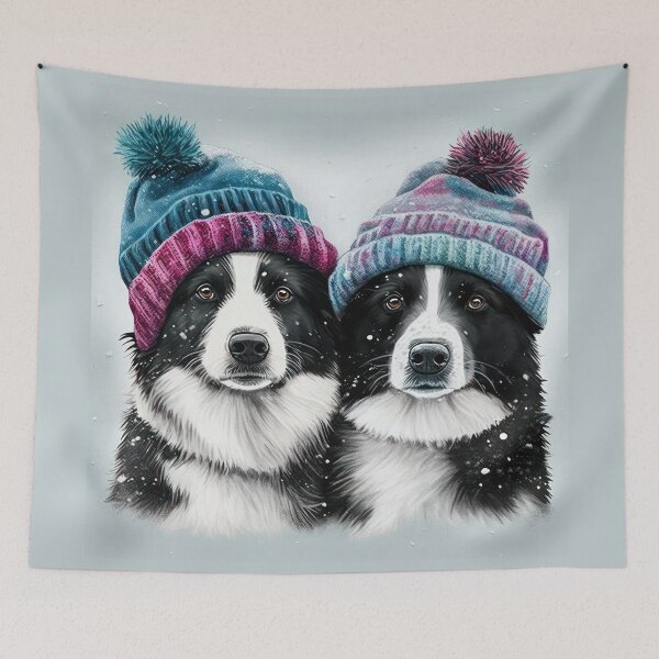 Item preview, Happy Border Collie Friends in the Snow with their winter hats on. designed and sold by newnomads-art.