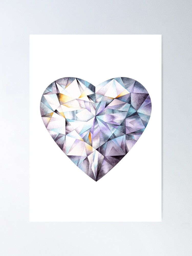 Heart Diamond Cut Watercolor Painting. Crystal print. Gem art