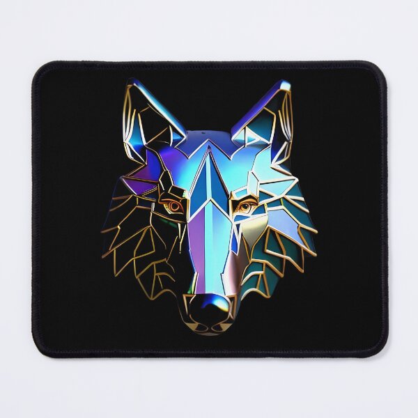Item preview, Shiny Iridescent 3D Poly Wolf Head with Gold Trim - Reflective Metallic Art Print designed and sold by Cawaiico.