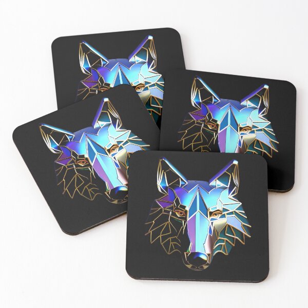 Item preview, Shiny Iridescent 3D Poly Wolf Head with Gold Trim - Reflective Metallic Art Print designed and sold by Cawaiico.