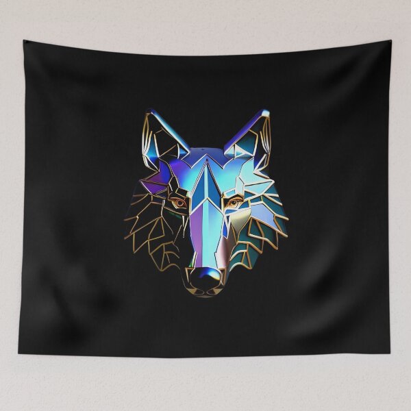 Item preview, Shiny Iridescent 3D Poly Wolf Head with Gold Trim - Reflective Metallic Art Print designed and sold by Cawaiico.