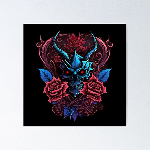 Item preview, Skull with horns and roses - blue and red edition designed and sold by JazzDaniel.