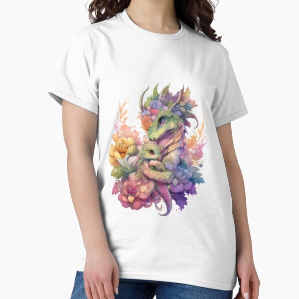 Aperçu de l'œuvre Rainbow Watercolor Mommy and Baby Dragon, Kawaii, Chibi, Flowers créée et vendue par critterwhimzy.